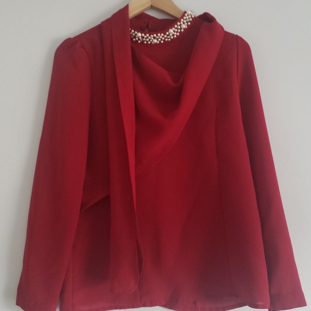 Women Red Beaded Wrap Long Sleeve Top Blouse